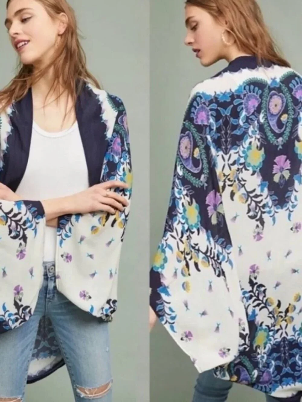 Anthropologie Wrap Boho Blue Floral Womens Kimono Jacket One Size